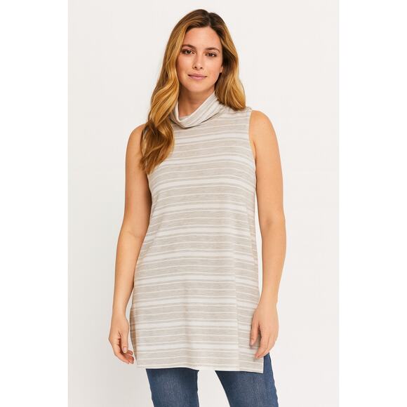 Garnet Hill SZ XL Gray & White Mock-Neck Stiped Tunic Soft Tencel French Terry - Picture 1 of 7